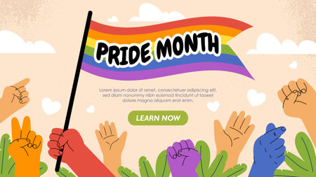 Pride month poster. Hands with colorful rainbow flag. Fight for your rights, stop discrimination. Tolerance, equality and unity. Landing webpage design. Cartoon flat vector illustrationのイラスト素材