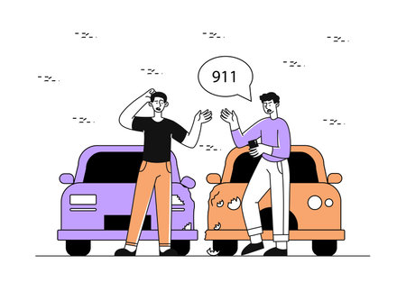 People with car accident linear. Two men scream at each other near violet and orange broken transport. Drivers near crashed auto. Doodle flat vector illustration isolated on white backgroundのイラスト素材