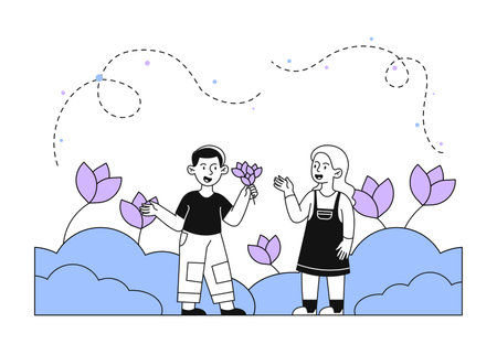 Boy gives flowers to girl linear. Child with romantic gift or present. Romance and love, passion. Surprise with bloom and blossom plants. Doodle flat vector illustration isolated on white backgroundのイラスト素材