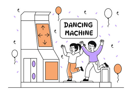 Dancing machine simple. Boy and girl having fun in amusement park. Entertainment and leisure for kids. Game for dancers. Doodle flat vector illustration isolated on white backgroundのイラスト素材