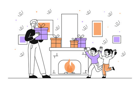 Gifts for children simple. Man with present box near boy and girl. Surprise for kids. Birthday, Christmas and New Year celebration. Doodle flat vector illustration isolated on white backgroundのイラスト素材