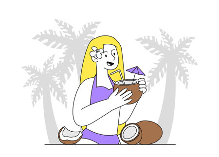 Woman with coconut cocktail simple. Girl in swimsuit with natural and organic drink with vitamins. Rest in tropical and exotic countries. Doodle flat vector illustration isolated on white backgroundのイラスト素材