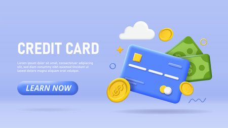 3D credit card poster. Credit card with green banknotes and golden coins. Cashless transfers and transactions, payment on internet. Landing webpage design. Cartoon isometric vector illustrationのイラスト素材