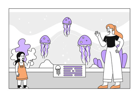 People near aquarium linear. Woman and girl standing near glass with jellyfishes. Underwater life and animals. Cultural rest and leisure. Doodle flat vector illustration isolated on white backgroundのイラスト素材