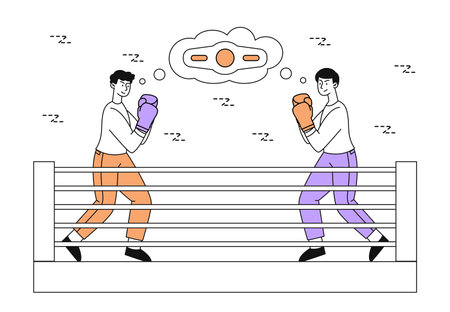 Two men boxing linear. Young guys in punching gloves at scene or ring. Active lifestyle and sports. Sportsmen at competition or tournament. Doodle flat vector illustration isolated on white backgroundのイラスト素材