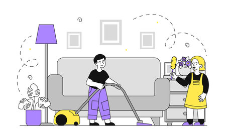 Children clean up room linear. Boy with vacuum cleaner and girl with brush. Cleanliness and hygiene. Little helpers with household chores. Doodle flat vector illustration isolated on white backgroundのイラスト素材
