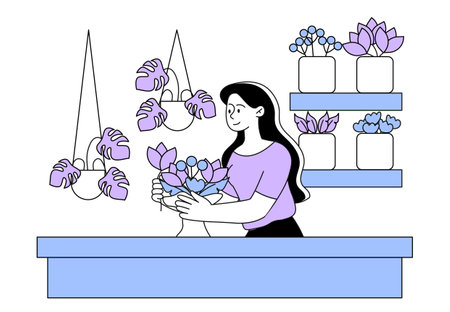 Florist in flower shop linear. Woman with bouquet of flowers. Beauty, elegance and aesthetics. Romantic gifts and presents. Doodle flat vector illustration isolated on white backgroundのイラスト素材