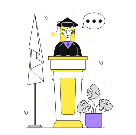 Graduate speech linear. Woman in mantle and hat at podiume with microphone. Education, loearning and training. College or university. Doodle flat vector illustration isolated on white backgroundのイラスト素材
