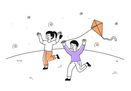 Kids play with kite linear. Boy and girl with toy running outdoors at spring lawn. Entertainment, fun and leisure at nature. Friends spending time together. Doodle flat vector illustrationのイラスト素材