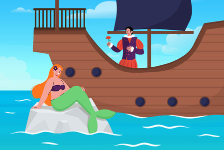 Mermaid and prince concept. Fairy talr scene with fictional characters. Man at boat and vessel near woman with fish green tail. Imagination and fantasy. Cartoon flat vector illustrationのイラスト素材