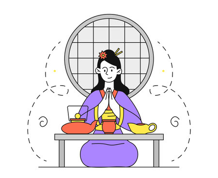 Tea ceremony woman simple. Young girl in traditional asian clothes sitting near teapot with cups and mugs. Herbal healthy tea. Doodle flat vector illustration isolated on white backgroundのイラスト素材