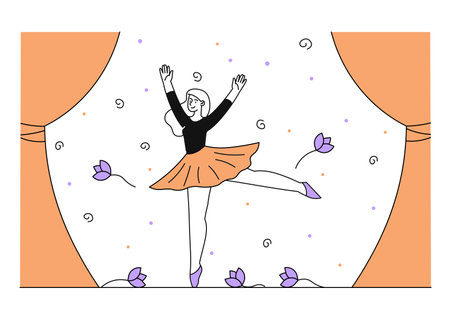 Ballerina woman performs at scene simple. Young girl in skirt and black sweater at stage. Entertainment and leisure. Dancer at show. Doodle flat vector illustration isolated on white backgroundのイラスト素材