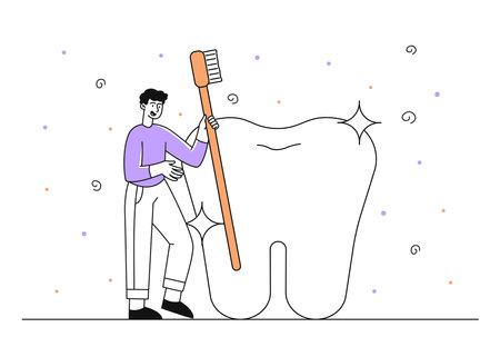 Man brushing teeth simple. Young guy with brush standing near large tooth. Cleanliness and hygiene, routine. Health care and treatment. Doodle flat vector illustration isolated on white backgroundのイラスト素材