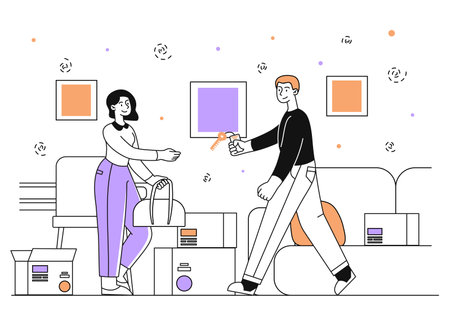 Buying house simple. Man give keys to woman. Realtor with client. Deals with private property and real estate. Investment and trading. Doodle flat vector illustration isolated on white backgroundのイラスト素材