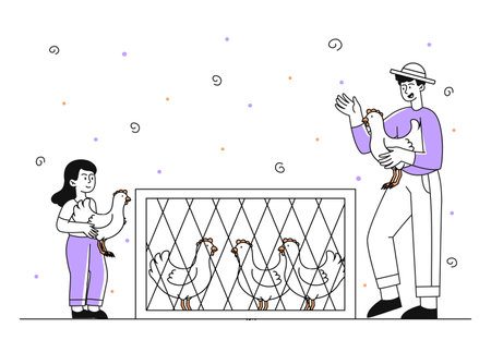 Chicken coop simple. Man and girl near cage with hens. Agriculture and farming. Two farmers in barn with cattle and domestic animals. Doodle flat vector illustration isolated on white backgroundのイラスト素材