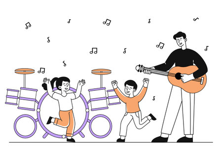 Children dancing at music simple. Boy and girl dancing near man with guitar and drums. Creativity and art. Entertainment and leisure, fun. Doodle flat vector illustration isolated on white backgroundのイラスト素材