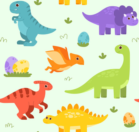Dino seamless pattern. Repeating design element for printing on fabric. Colorful dinosaurs with eggs. Prehistoric era animals. Tyrannosaurus and Triceratops. Cartoon flat vector illustrationのイラスト素材