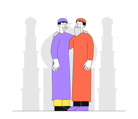 Eid al fitr celebration simple. Men in traditional islamic clothes near cityscape. Muslim people. East asian culture and architecture. Doodle flat vector illustration isolated on white backgroundのイラスト素材