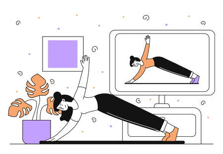 Woman with online yoga simple. Young girl stretching with video instruction. Active lifestyle and sports. Fitness and workout. Online courses and master class. Doodle flat vector illustrationのイラスト素材