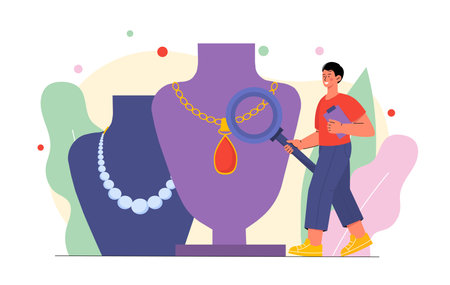 Jewelry repair concept. Man with magnifying glass near mannequin with golden neclace with ruby. Aesthetics and elegance, beauty. Cartoon flat vector illustration isolated on white backgroundのイラスト素材