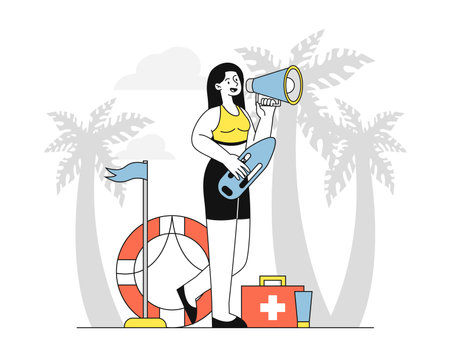 Lifeguard on beach simple. Woman with loudspeaker stands at sand beach. Safety and security, protection of tourists and travelers. Rescue people in tropical country. Linear flat vector illustrationのイラスト素材