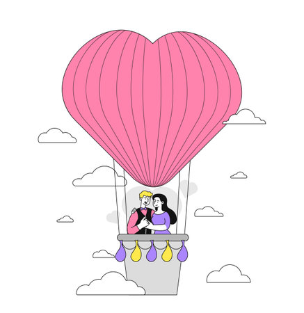Man and woman at air balloon simple. Couple in love travel and flight. Romance and passion. Romantic meeting and date in sky. Linear flat vector illustration isolated on white backgroundのイラスト素材
