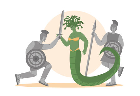 Medusa gorgon concept. Green woman with tail and snakes at hairs. Greek and Roman mythology. Ancient warriors with shields and spears. Cartoon flat vector illustration isolated on white backgroundのイラスト素材