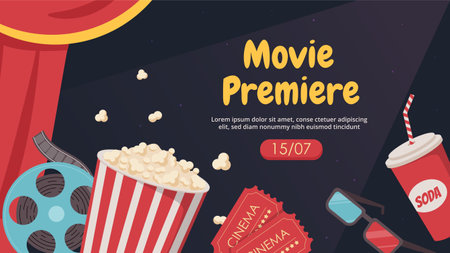 Movie premiere banner. Pop corn, film reel and 3d glasses. Entertainment and leisure, fun. Cinema and series production and industry. Landing webpage design. Cartoon flat vector illustrationのイラスト素材