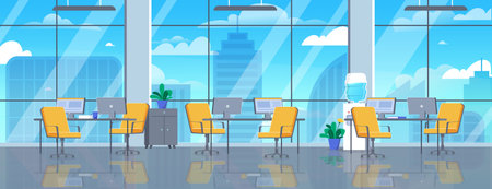 Daily office scene. Yellow armchair and desk near cityscape. Modern interior at workplace. Skyscrapers at city street. Graphic element for website. Cartoon flat vector illustrationのイラスト素材