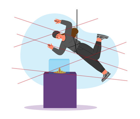 Woman stealing crown from museum. Young girl in black suit with hat near treasure at exhibition. Robbery and stealing, crime scene. Cartoon flat vector illustration isolated on white backgroundのイラスト素材