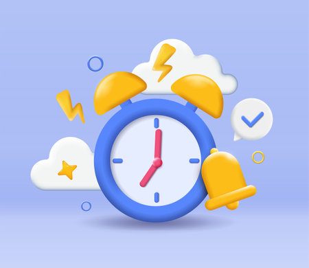 3D alarm clock. Reminder and notification icon. Time management and efficient workflow. Poster or banner for website. Cartoon isopmetric vector illustration isolated on blue backgroundのイラスト素材