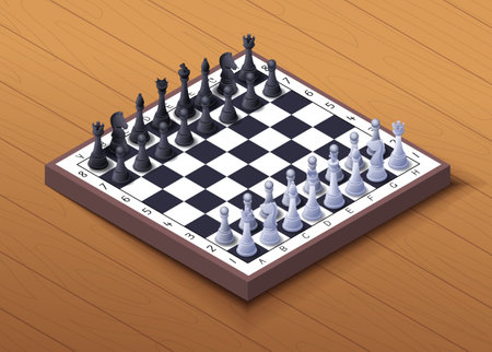 Chess pieces at board. Black and white kings and pawns, queens. Competition and tournament. Cultural rest and leisure. Game for strategy and planning. Cartoon isometric vector illustrationのイラスト素材