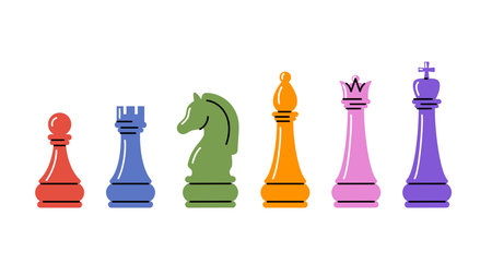 Colorful chess pieces set. Red pawn, blue rook and green horse. Yellow bishop, pink queen and violet king. Game for logic and intellect. Cartoon flat vector collection isolated on white backgroundのイラスト素材