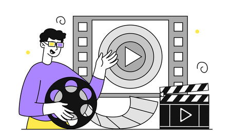 Film director with reel simple. Man with cinema and series production, industry. Entertainment and leisure. Young guy in 3D glasses. Doodle flat vector illustration isolated on white backgroundのイラスト素材