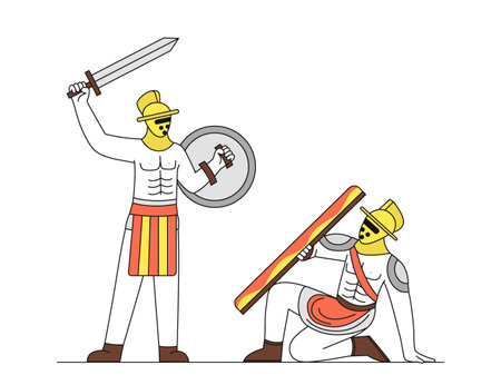 Gladiators fight simple. Two men with sword and shield. Middle aged fighting. Roman and spartan warriors . Armored guys at arena. Doodle flat vector illustration isolated on white backgroundのイラスト素材