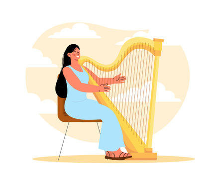 Woman playing at harp. Young girl near string musical instrument. Talented artists amd musician performing at scene. Classical music. Cartoon flat vector illustration isolated on white backgroundのイラスト素材