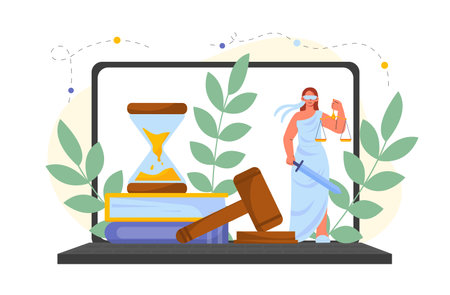 Law and justice concept. Laptop with hourglass and judge gavel. Lwas and regulations. Legal support of deals and protection. Cartoon flat vector illustration isolated on white backgroundのイラスト素材