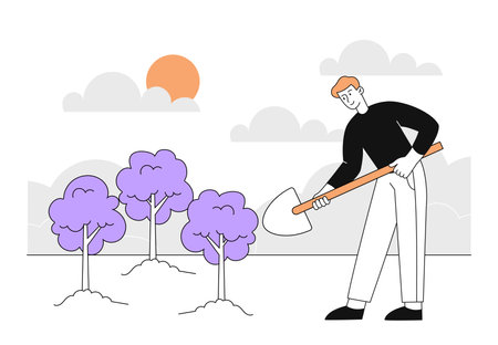 Man plants trees simple. Guy with shovel near sprout. Care about ecology and environment. Eco friendly activist and volunteer planting. Doodle flat vector illustration isolated on white backgroundのイラスト素材