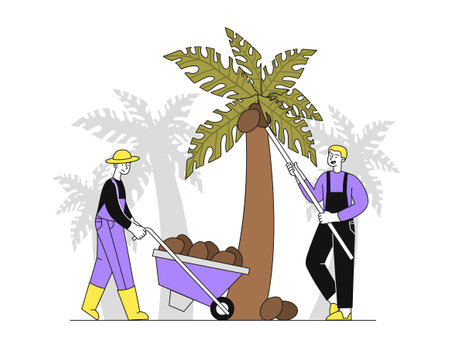 Palm oil producing simple. Two men near palm tree with coconuts. Natural and organic products for healthy diet and eating with vitamins. Doodle flat vector illustration isolated on white backgroundのイラスト素材