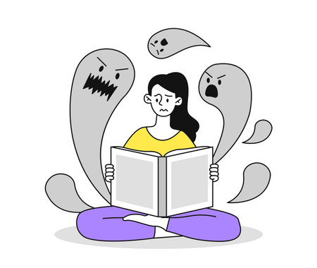 Woman reads fiction simple. Young girl with scary book in hands. Love for reading and literature. Fantasy and imagination, fairy tale. Doodle flat vector illustration isolated on white backgroundのイラスト素材
