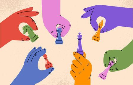 Hands with chess pieces. People playing in chess and game for logic, tactics and strategy. Business team and partners. Collaboration and cooperation, teamwork. Cartoon flat vector illustrationのイラスト素材