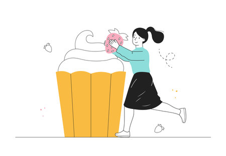 Woman baking cupcake. Young girl with strawberries near dessert and delicacy. Cooking sweet food. Homemade pastry and confectionary. Linear flat vector illustration isolated on white backgroundのイラスト素材