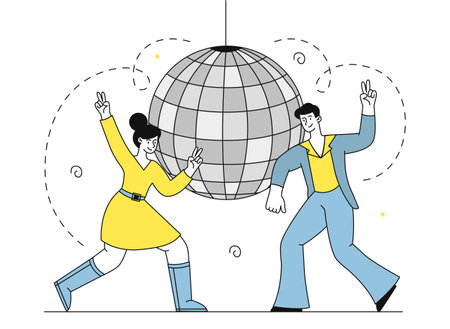 Disco ball concept. Man and woman dance at party. Entertainment, fun and leisure. Nightlife and discoteque. People at party and event. Linear flat vector illustration isolated on white backgroundのイラスト素材