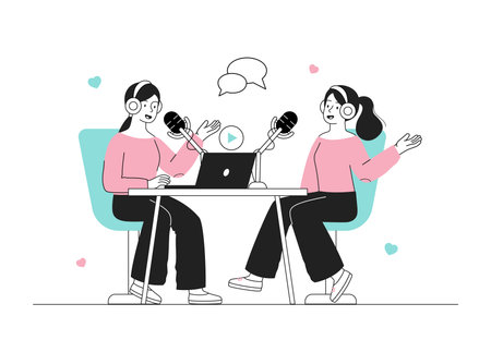Radio interview concept. Women sit with microphones in front of laptop. Radio presenters recording podcast. Content for social networks. Journalist with celebrity. Linear flat vector illustrationのイラスト素材
