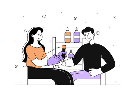 Tattoo master with client. Woman gets tattoo on mans arm. Young guy at tattooist. Fashion and style. Girl draws with ink on hand. Linear flat vector illustration isolated on white backgroundのイラスト素材