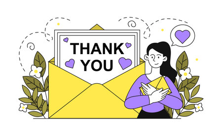 Thank you letter concept. Woman stands near large envelope with letter. Gratitude and kindness, good relationships. Friendly or love correspondence. Linear flat vector illustrationのイラスト素材