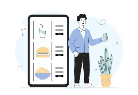 Man order food online. Young guy with smartphone orders fast food at cafe. Hamburger, ramen, and soda. Takeaway eating home delivery. Linear flat vector illustration isolated on white backgroundのイラスト素材