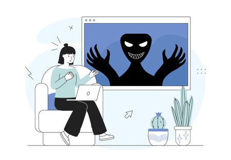 Woman with scary movie. Girl sits with bucket of popcorn and stares at screen. Horror movies and TV series. Recreation in home theater. Linear flat vector illustration isolated on white backgroundのイラスト素材