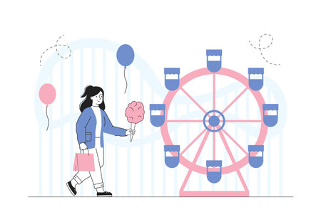 Girl in amusement park. Schoolgirl with pink bag and cotton candy walks near Ferris wheel. Fun and leisure. Child with attraction. Linear vector illustration isolated on white backgroundのイラスト素材