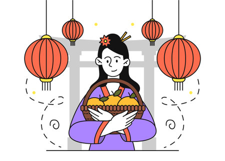 Chinese new year woman. Young girl in traditional Asian clothing with wicker basket of tangerines. Culture and tradition. Holiday and festival. Linear vector illustration isolated on white backgroundのイラスト素材